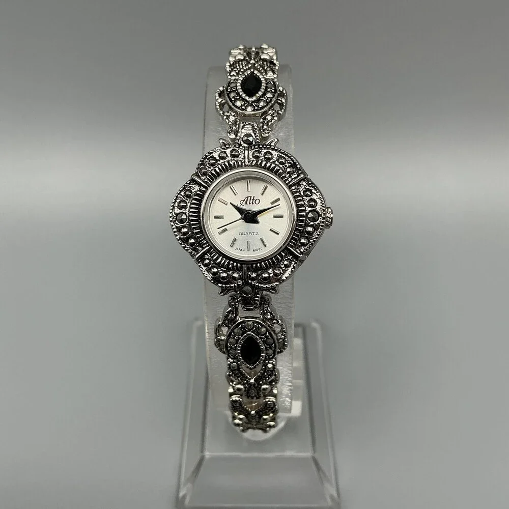 Alto Marcasite Womens Watch 24mm Silver Tone Dress Bracelet New Battery 7.25